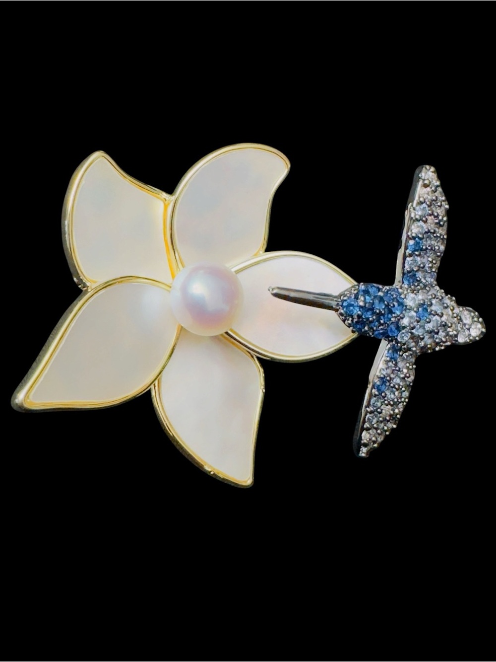 Mother-of-Pearl Flower & Blue Crystal Hummingbird Brooch - Gold-Tone Accent